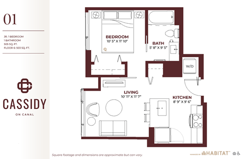 Studio 01 Floor Plan at Cassidy on Canal, Chicago, IL, 60654